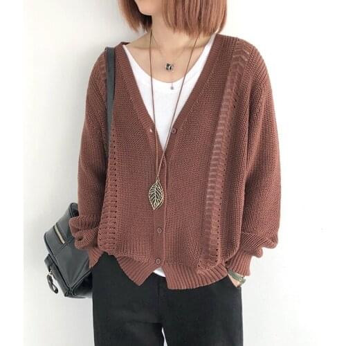 Women Knitted Sweater Fashion Spring Autumn 2021 Cardigan V neck Solid Color Loose Hollow-out Knittwear Female