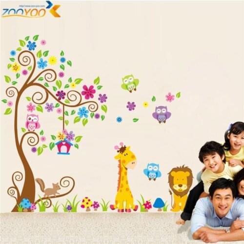 Giraffe Lion Owl Colorful Tree Wall Sticker For Kids Room Animal Wall Decal Cartoon Wall Art Bedroom Home Decoration Safari Diy