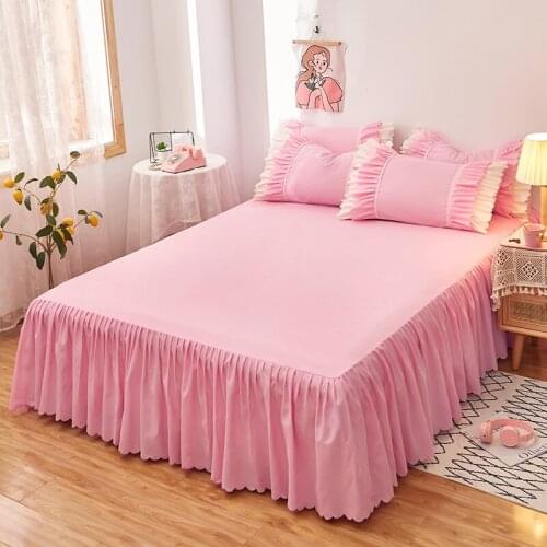1-3pc Bed Skirt Or Korean Ruffles Pillowcase Solid Pink Summer Mattress Cover Bedclothes Single Double King Home Decor Textile