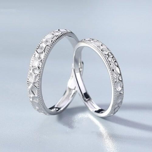 925 Sterling Silver Korean Stone Pattern Couple Ring Frosted Plain Adjustable Valentines Day Anniversary Gift Love