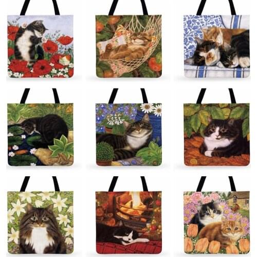 American Pastoral Cat Painting Print Tote Bags For Women Casual Tote Fashion Shopping Bag Outdoor Beach Bag Ladies Shoulder Bags