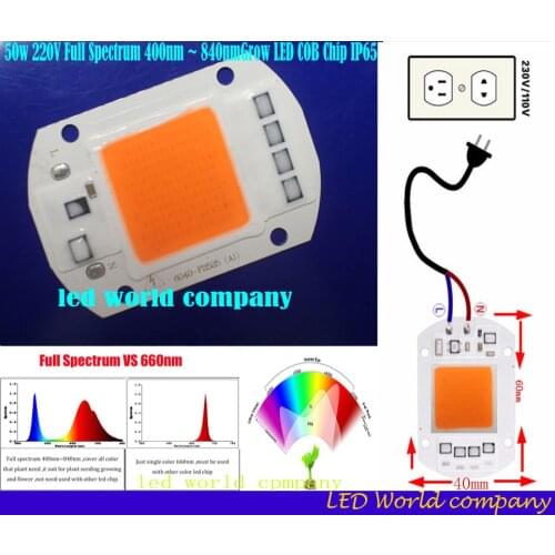 1pcs Hydroponice AC 220V /110v 50w led grow chip full spectrum 400nm-840nm for indoor led grow light