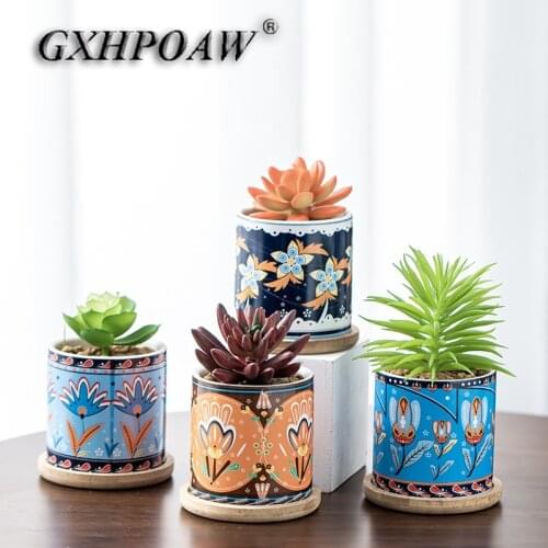 Europe Round Shape Succulents Ceramics Flower Pots Applique Color Home Decoration Plant Pot Flowerpot With Tray Garden Potted