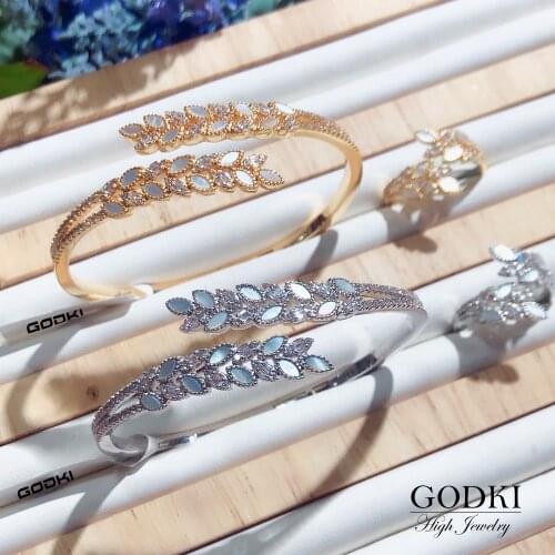 GODKI New Shell Feather Leaves 2PC Bangle Ring Set Jewelry Set For Women Wedding Party Cubic Zircon aretes de mujer modernos