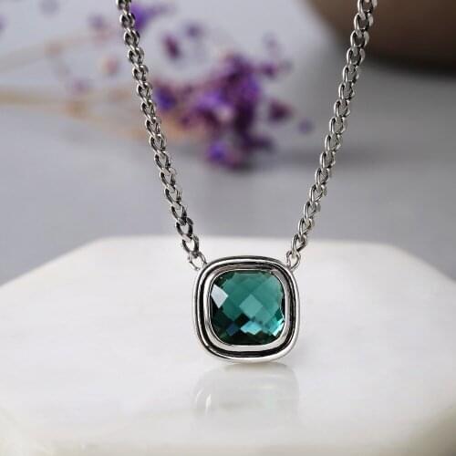 L&P Vintage Real 925 Sterling Silver Gemstone Crystal Pendant Necklace For Women Square Green Crystal Necklace Fine Jewelry