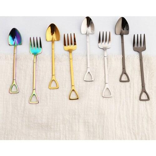 New Stainless Steel Shovel Shape Spoon Fork Picnic Travel Creative Multi-Color Ice Cream Spoon Fruit Fork For Baby Accessories