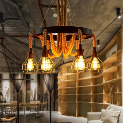 Retro Hemp Rope Chandelier Industrial Style Bar Table Restaurant Hairdressing Salon Hot Pot Shop American Loft Wrought Iron Lamp