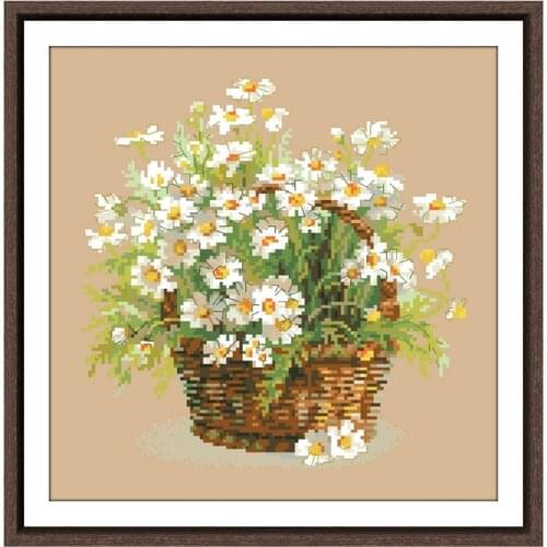 A basket of white daisiescross stitch kit flower pattern design 18ct 14ct 11ct linen flaxen canvas embroidery DIY needlework