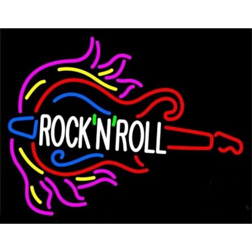 Rock N Roll Guitar Neon Sign Handmade Real Glass Tube KTV Bar Shop Store Party Advertise Decoration Display Neon Signs 24"X20"