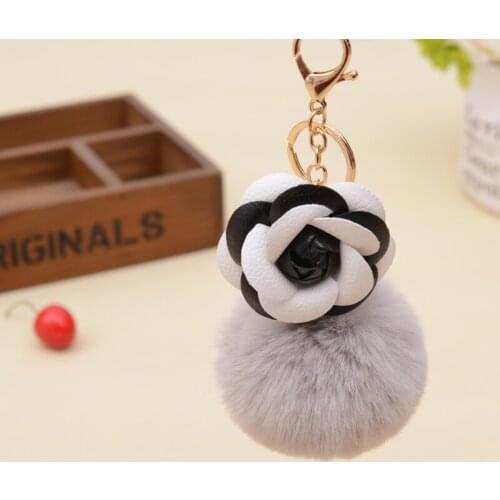 New Plush Imitated Rabbit Fur Ball Keychain With Flower Fur Pom Pom Key Chain Ball Pendant Bag Accessories EH772