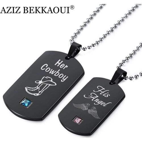 AZIZ BEKKAOUI Couple Necklaces Her Cowboy & His Angel Black Stainless Steel Wing Tag Pendant Necklace with Stone Dropshipping