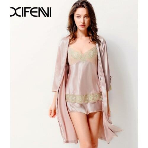 Xifenni Pajamas Satin Silk Sleepwear Women Summer Pyjama Sets Faux Silk Three-Piece Shorts Robe Tops With Sponge Chest Pad 3701