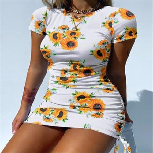 Summer Dress Women Drawstring Shrinkage Print Pencil Dresses Robe Femme Short Sleeve Slim Mini Dress For Woman Vestido De Mujer