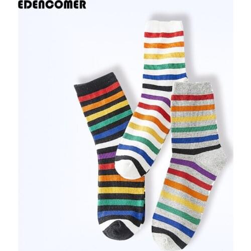 Rainbow Striped Cotton Streetwear Socks 2019 New Autumn Winter Japanese Style Causal Women Socks Skarpetki Calcetines