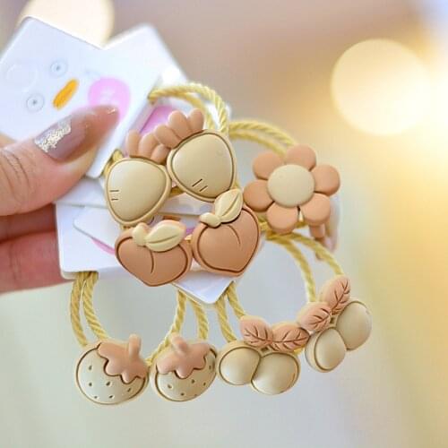 2pcs Coffee Color Fruit Girls Elastic Hair Bands Cherry Flower Ponytail Holder Scrunchies Gum Cute Hair Ties Rubber Rope Band