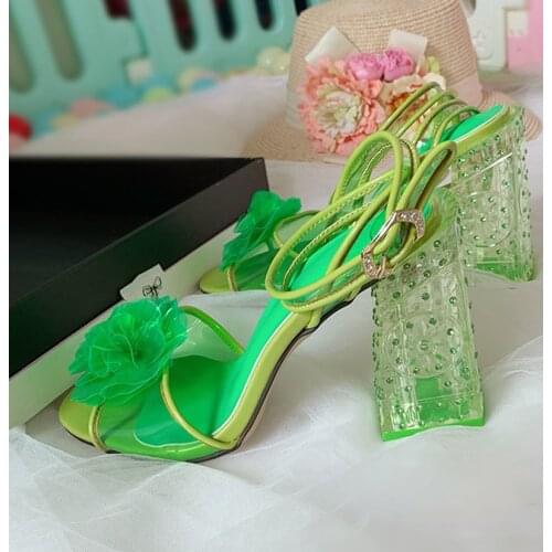 Green Pink Transparent Square Heels Sandals Ladies Ankle Strap PVC Flower Peep Toe Women High Heel Wedding Sandalias