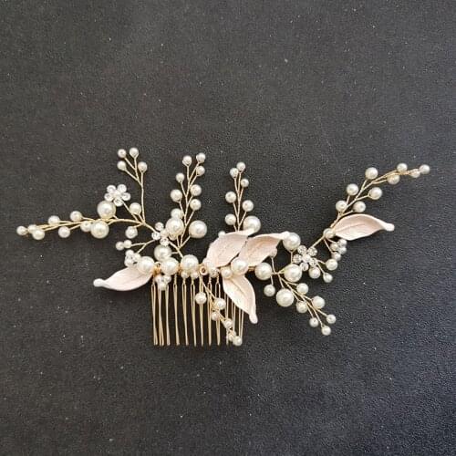 SLBRIDAL Handmade Ins Alloy Leaf Crystal Rhinestone Pearls Bridal Hair Comb Wedding Headdress Hair Accessories Women Jewelry