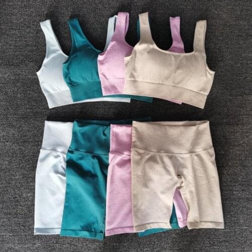 2PCS Sports Suits Women Seamless Yoga Sets Running Fitness Gym shorts High Waist Straps Sport shorts High Elasticity Bra Pants