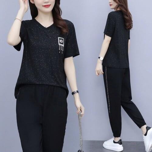 L-5XL Plus Size Tracksuit Women Two Piece Set Summer Clothes Short Sleeve V-Neck T-Shirt and Pants Sweat Suits Casual WomenSets