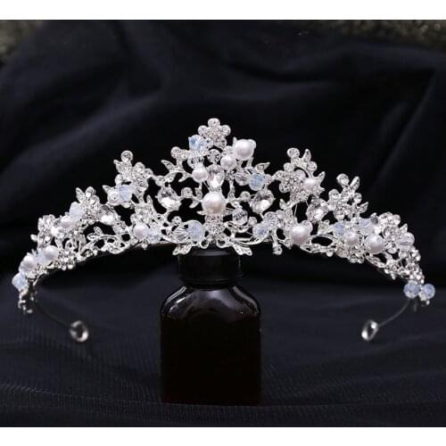 SLBRIDAL Handmade Alloy Rhinestone Crystal Pearls Bridal Tiara Princess Crown Wedding Hair Accessories Women Dress Prom Jewelry