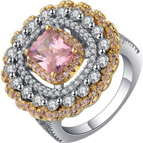 UFOORO Hot Noble Flower Shape Wedding Ring Romantic Pink Square Crystal Halo 4 Rows AAA Zircon Pave Jewelry For Female Gift