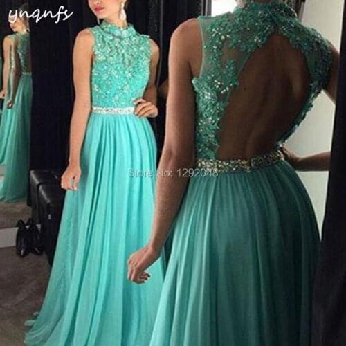 YNQNFS ED198 Chiffon High Neck Open Back Lace Appliques Crystal Turquoise Prom Dresses Long 2019