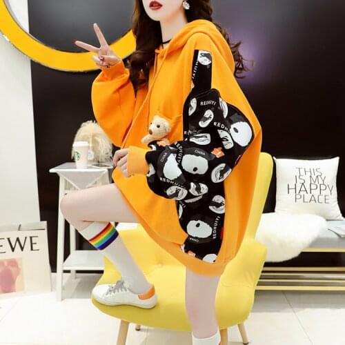 Womens Spring Autumn New Sports Clothing Fashion Splicing Printed Sweat Shirt Ladies Hooded Loose Casual Cotton Top Large Size