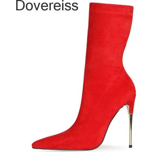 Dovereiss Fashion Womens Shoes Winter Pointed Toe Sexy Slip On New Clear Heels Pure Color Red Ankle Boots Stilettos Heels 46 47