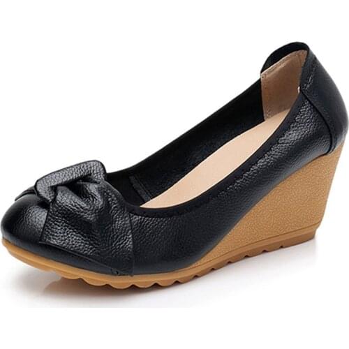 2020 Hot Autumn Genuine Womens Leather High Heels Female Shoes Mary Jane Pumps Slip On Casual Woman Wedges Shallow Platformshoe