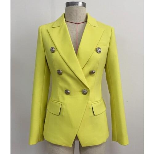 Free Shipping 2021 New Fall Winter High Quality Designer Fashion Yellow Blazers Women Double Breasted Metal Lion Buttons Outwear