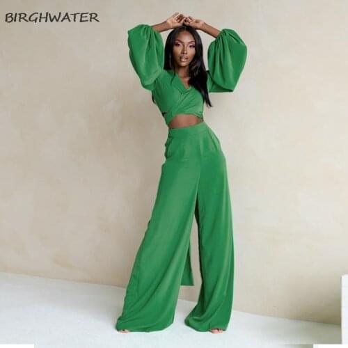 Women Sexy 2 Piece Set Lantern Sleeve Crop Tops Wide Leg Pants Bandage Fall Outfits Streetwear Rave Festival Club Matching Sets