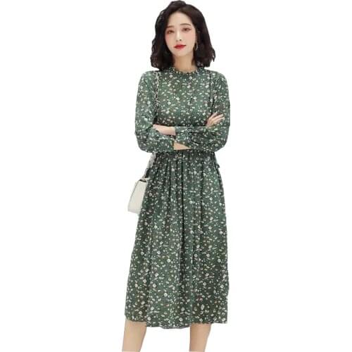 2020 Autumn Women print Dress For Female Long Sleeve Chiffon Dress Winter Dress Floral Vestidos Vintage
