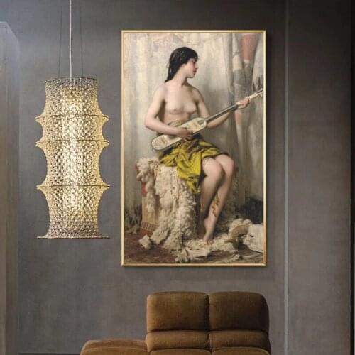 Famous Painting the Mandore Player Oil Painting on Canvas Posters and Prints Wall Art Nude Girl Pictures for Living Room Decor