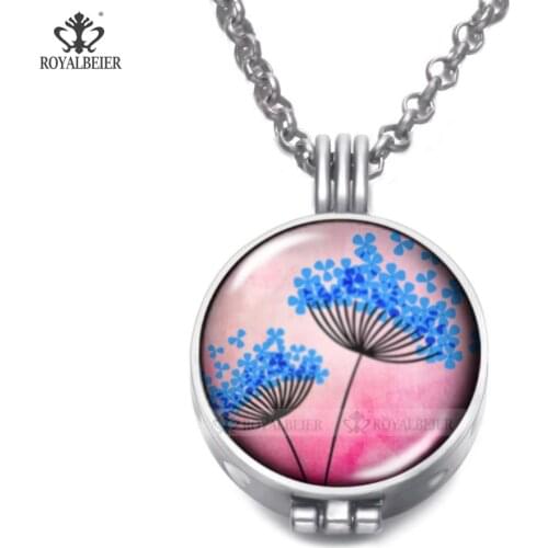 ROYALBEIER 1PC Dandelion Multi Pattern Perfume Aroma Pendant Necklace With Foam Glass 25mm Charms Link Chain 62cm Length DZ2077
