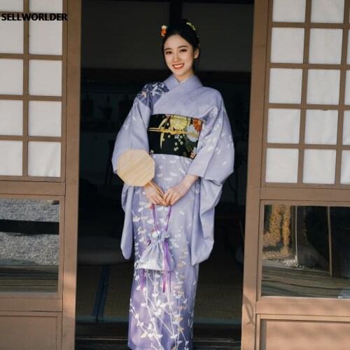2020 retro Japanese Kimono Style yukata Girl Autumn Purple floral print dress Woman splice SELLWORLDER Long Dress with handbag