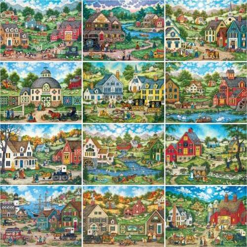 HUACAN 5D Full Drill Diamond Painting Landscape Mosaic Embroidery Countryside Town Cross Stitch Home Decor Wall Art