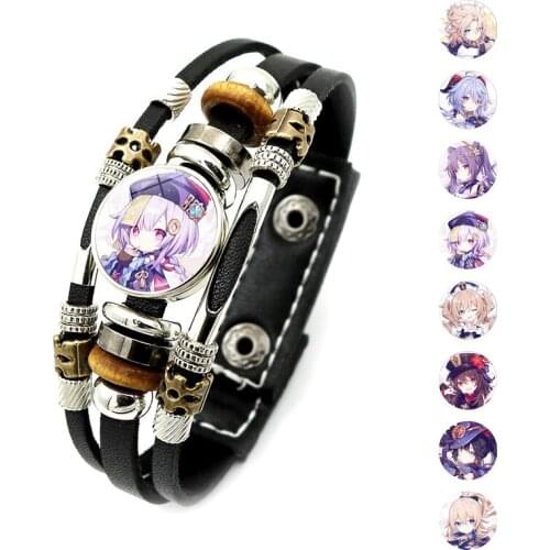 Game Genshin Impact Anime Bracelet Venti Hutao Zhongli Diluc Xiao Man Snap Button Bangle Handmade Fashion Punk Leather Bracelets
