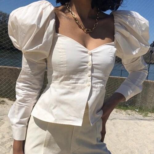 CHRONSTYLE Long Puff Sleeve Blouse Top Women Front Buttons Up Square Collar Autumn White Slim Elegant Cropped Shirts Female 2021