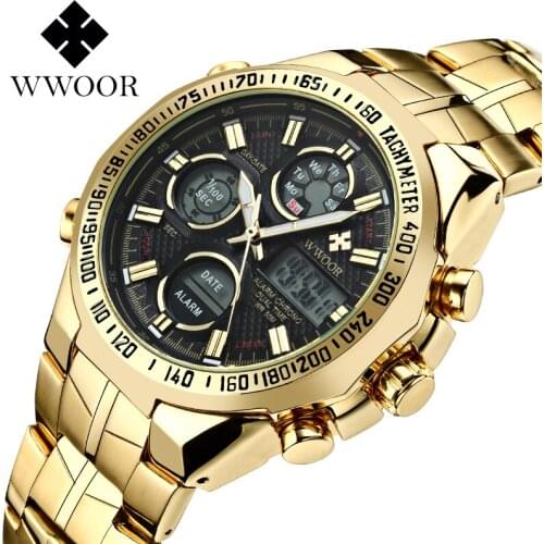 2018 New Luxury Brand WWOOR Men Sport Watches Mens Quartz Digital Analog Clock Man Full Steel Wrist watch relogio masculino