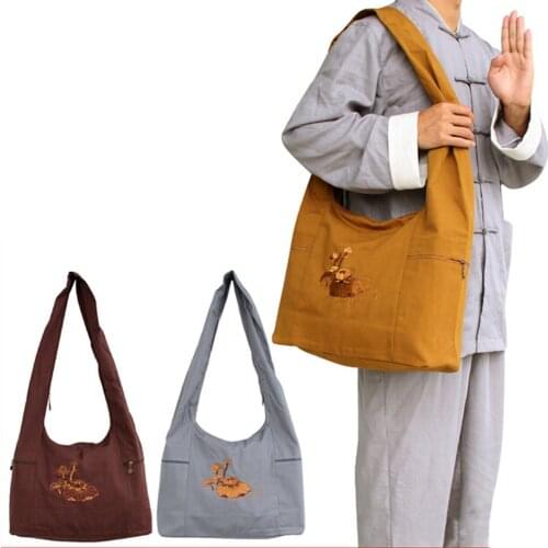 3Colors Monk Buddha Double layer Fine Cotton Canvas Bag Sling Crossbody Lohan Bag Multifunctional Wushu Buddhist Bag