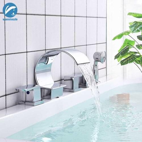 Chrome Shower Faucet 5pcs Waterfall Bathtub Faucet Tap Brass Bathroom Faucet 3 Handles Mixer Tap Torneiras Pull out Handshower
