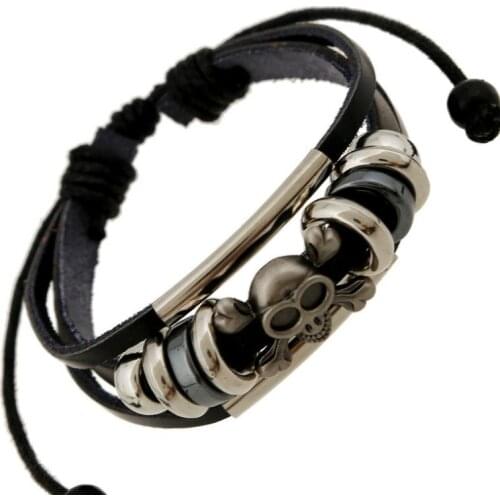 Punk Rock Skull Leather Bracelet Vintage Multi-layer Black Wrap Bangle Beads Charm Adjustable Wristbands Fashion Unisex Jewelry