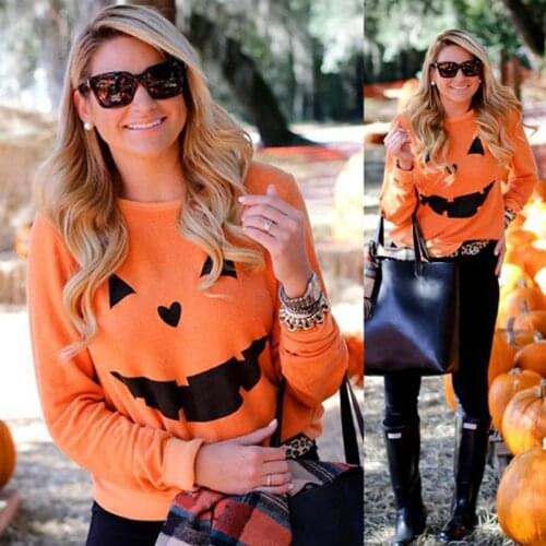 Hot Sale Women Halloween Pumpkin Print Long Sleeve Sweatshirt Pullover Tops Blouse Shirt Female Casual Hoodies Tracksuit