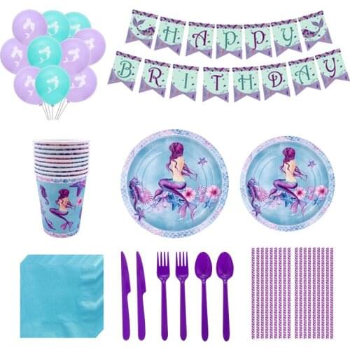Mermaid Theme Paper Cups Paper Plates Straw Napkins Tablecloth Disposable Tableware Set Girls Happy Birthday Party Supplies