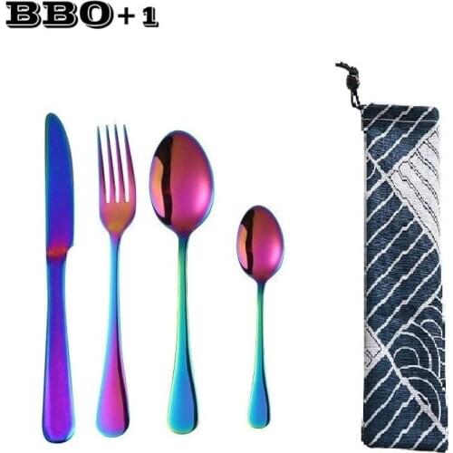 1pcs Colorful Stainless Steel Cutlery Set Rainbow Dinnerware Dinner Set Bag Steak Knives Forks Coffee Teaspoon Straw Brushes