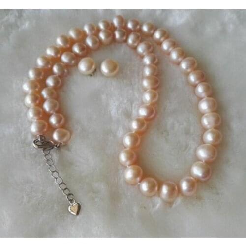 Unique Pearls jewellery Store 9-10mm Pink Color Cultured Freshwater Pearl Necklace Earrings Jewellery Set Wedding Birthday Gift