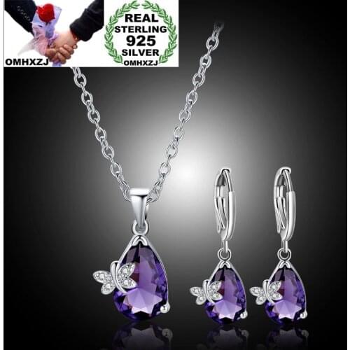 OMHXZJ Wholesale Personality Fashion OL Woman Purple Butterfly Zircon 925 Sterling Silver Earrings+Necklace Jewelry Set SE12