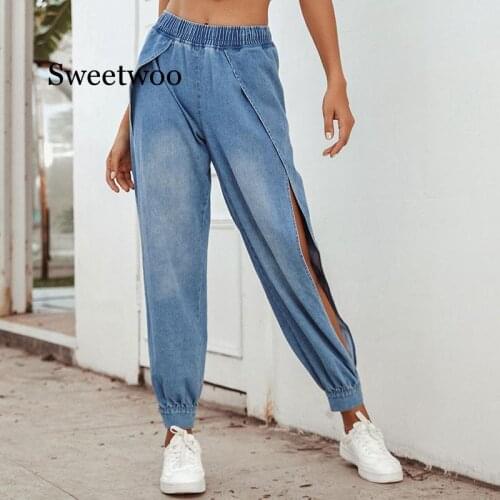 Autumn new denim pants women blue elastic cargo pants long split straight trousers women jeans