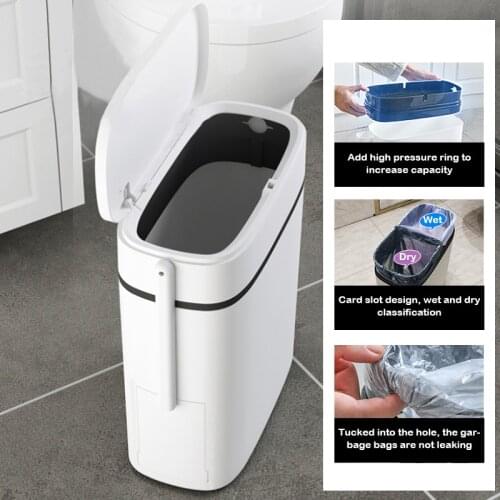 12L Portable Bathroom Trash Can Kitchen Paper Refuse Rubbish Bin Waterproof Waste Basket with Toilet Brush