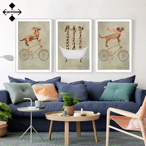 Poster and Print Dog Riding Bicycle Canvas Painting Modern Funny Animals Wall Art Printing Picture Cute Giraffe Home Decoration